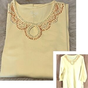Yellow Sequined Trim 3/4 Sleeve Tee Career Top